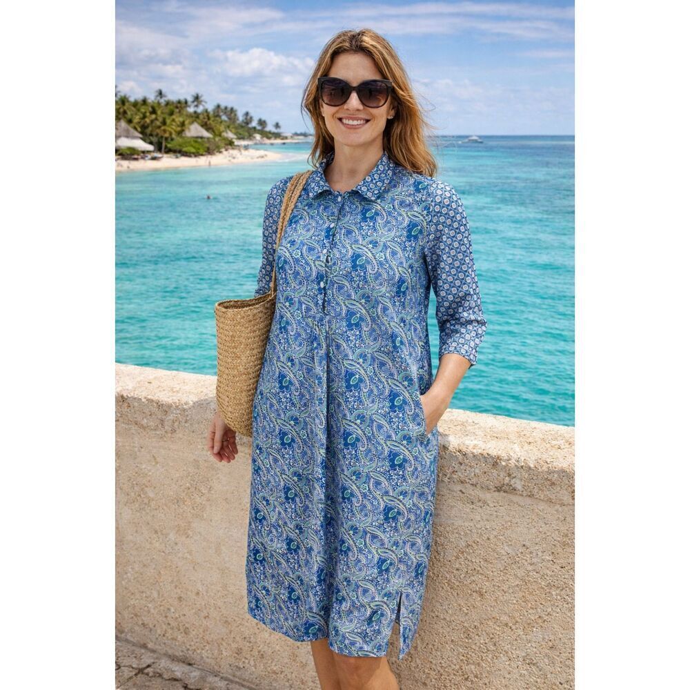 Ro's Garden Women Size XL Blue Paisley Floral Tunic Midi Dress Resort Beach Boho